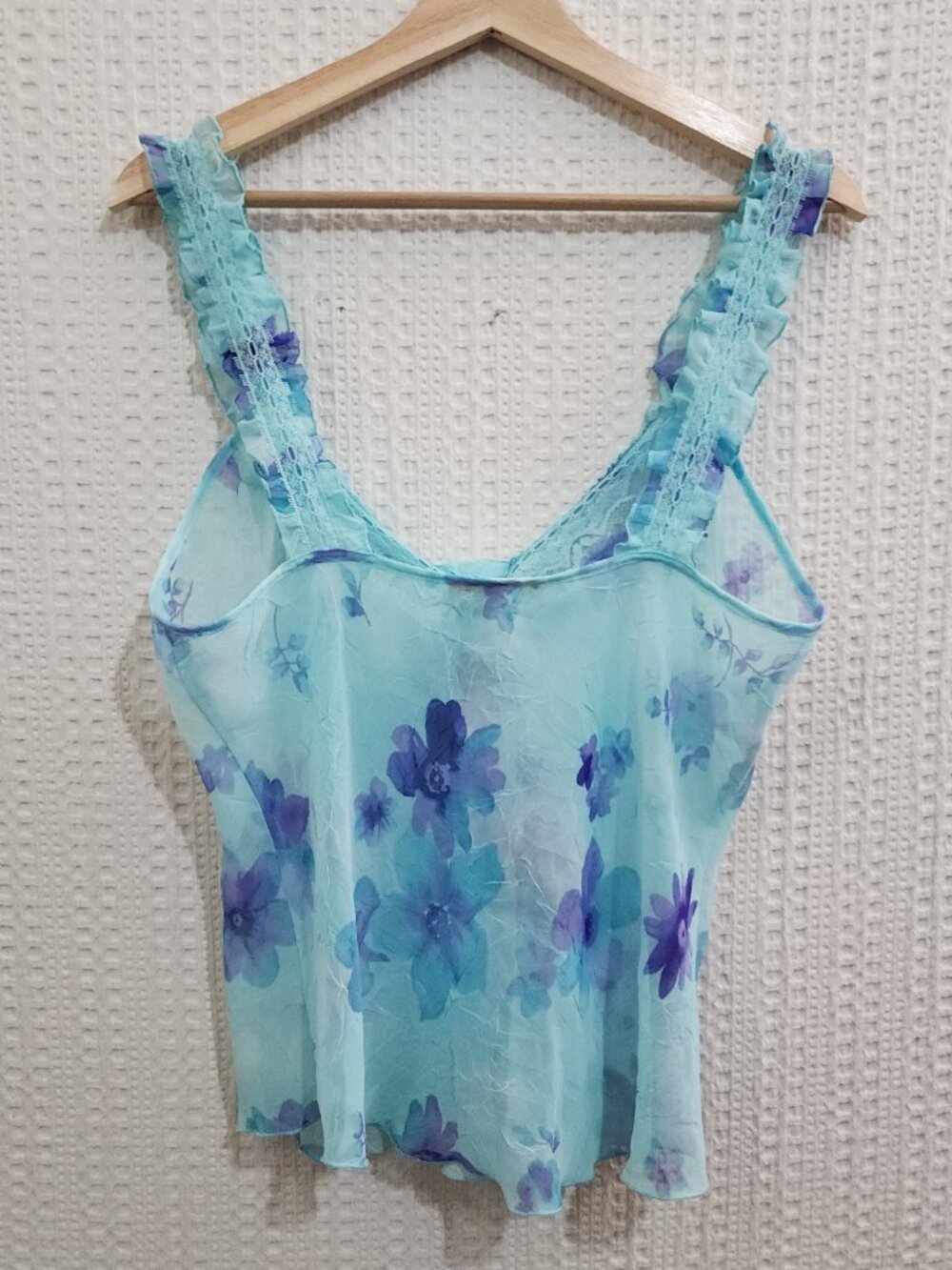 Private Luxuries Y2K Sheer Fairy Floral Lace Trim Crop Tank Aqua Blue Size Large - Picture 3 of 15